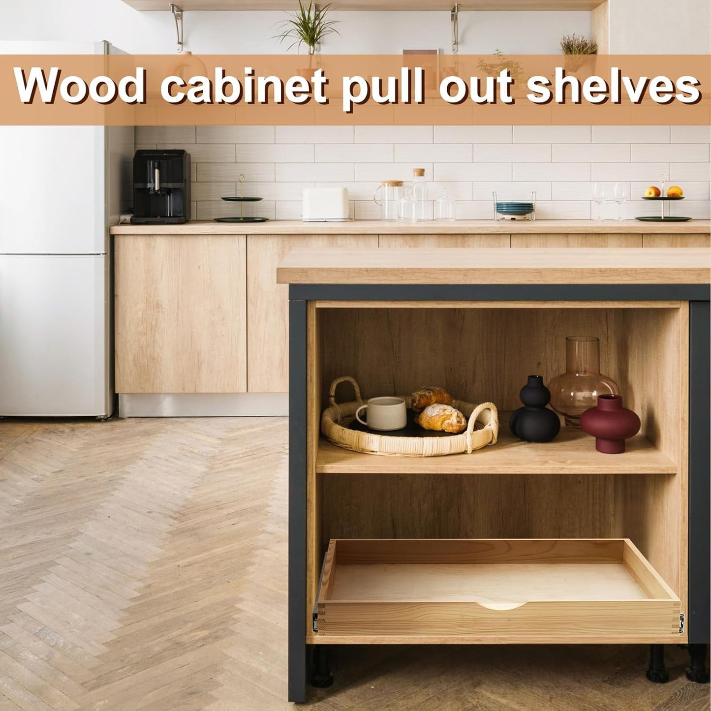 Menkxi 2 Set Pull out Tray Cabinet Organizer Wooden Pull Drawers storage Slide out Pantry Shelf for Base Cabinet Kitchen Gentle Close Fully Assembled Accessories (Wood Color,30'' X 21'' X 3")