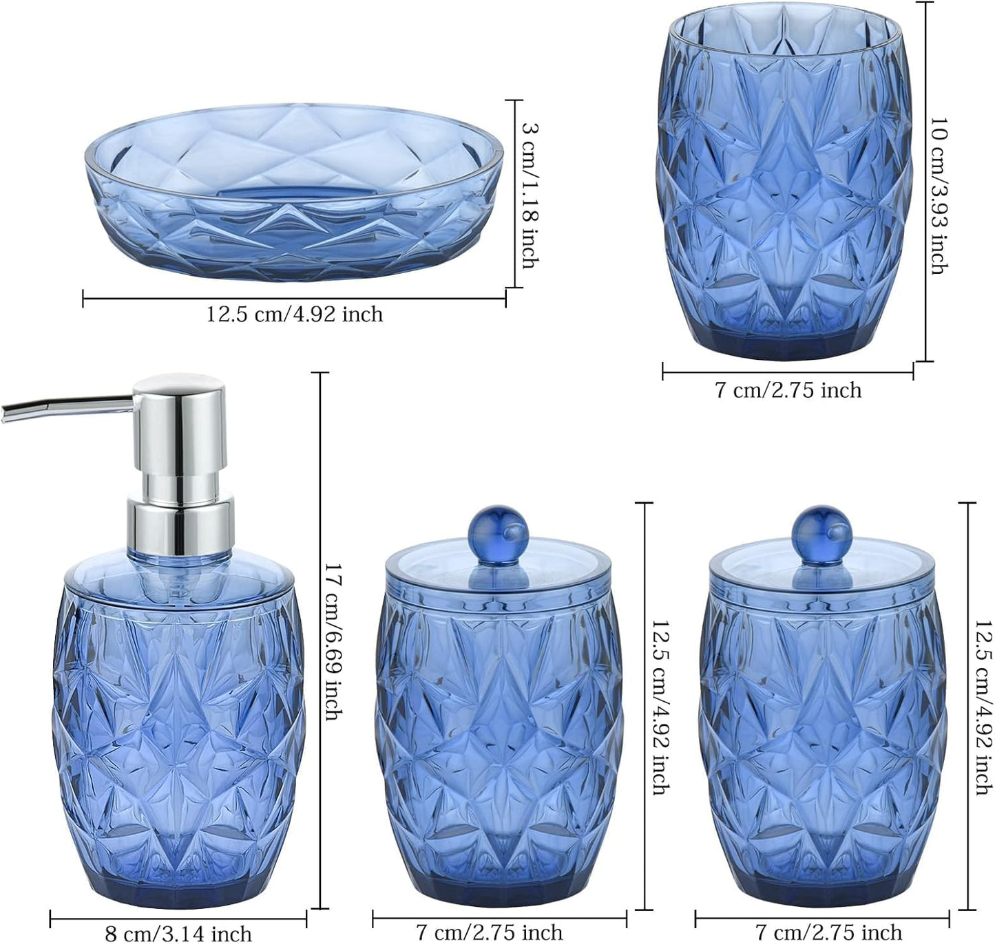 Modern Shatterproof Acrylic Cobalt Blue Bathroom Accessories Set – 5-Piece Glass-Free Vanity Set with Soap Dispenser, Toothbrush/Makeup Brush Holder, 2 Cotton Jars with Lids, and Soap Dish