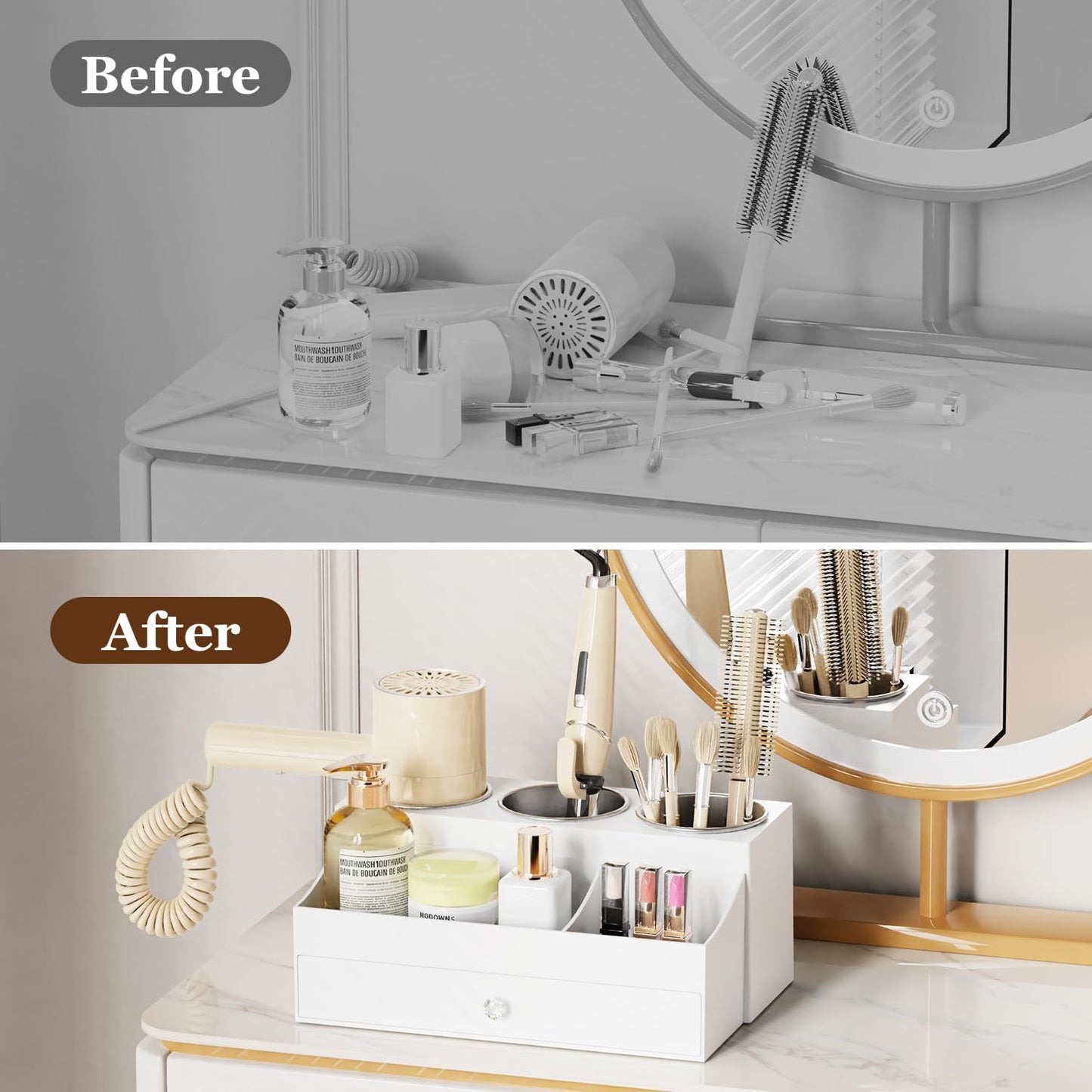 Acrylic Hair Dryer Holder with Drawer, Bathroom Organizer Countertop Drawers with 3 Stainless Cups, Makeup Vanity Accessories, Hair Hot Tools Organizer, Toiletry, White