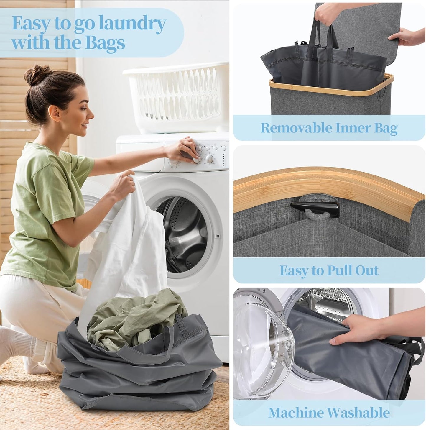 Yecaye 100L Large Capacity Laundry Hamper – Foldable Rolling Laundry Basket, Mobile Clothes Hamper with Wheels, Removable Inner Bag, Bamboo Handle Lid Laundry Bin – Multi-Use Storage,Grey