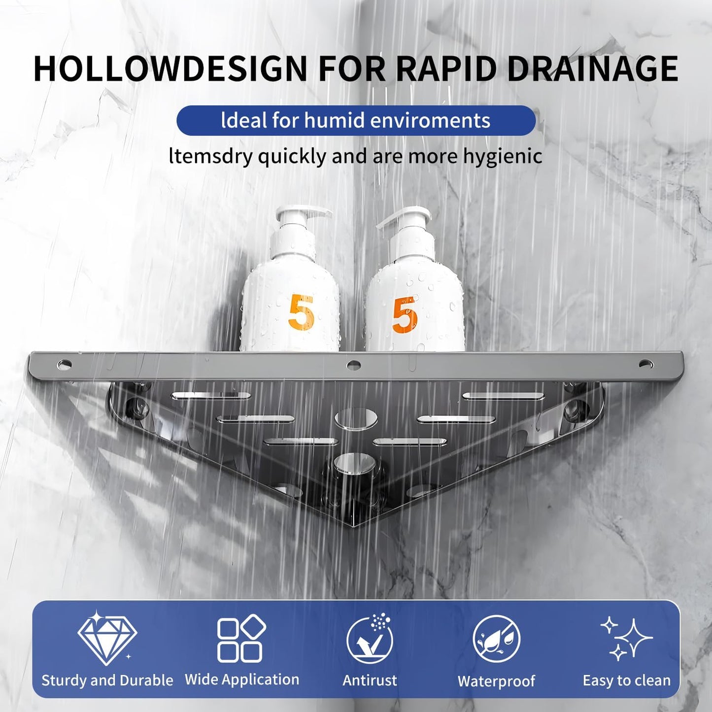 Shower Corner Shelf 304 Stainless Steel Shower Caddy 2 Tier Shower Organizer Niche Extra 6 Hangers Shelves 40 lbs Large Capacity Bathroom Storage for Inside Anti-Rust Drilling Installation(Silver)