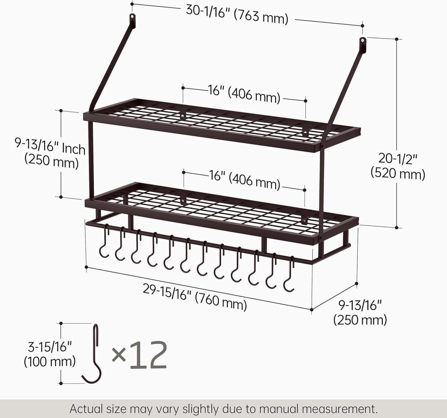 KES 30-Inch Oiled Bronze Pot Rack Wall Mounted, 2-Tier Hanging Pot and Pan Organizer with 12 Sturdy Hooks, Kitchen Wall Hanger Shelves Farmhouse Style, KUR215S75B-OB
