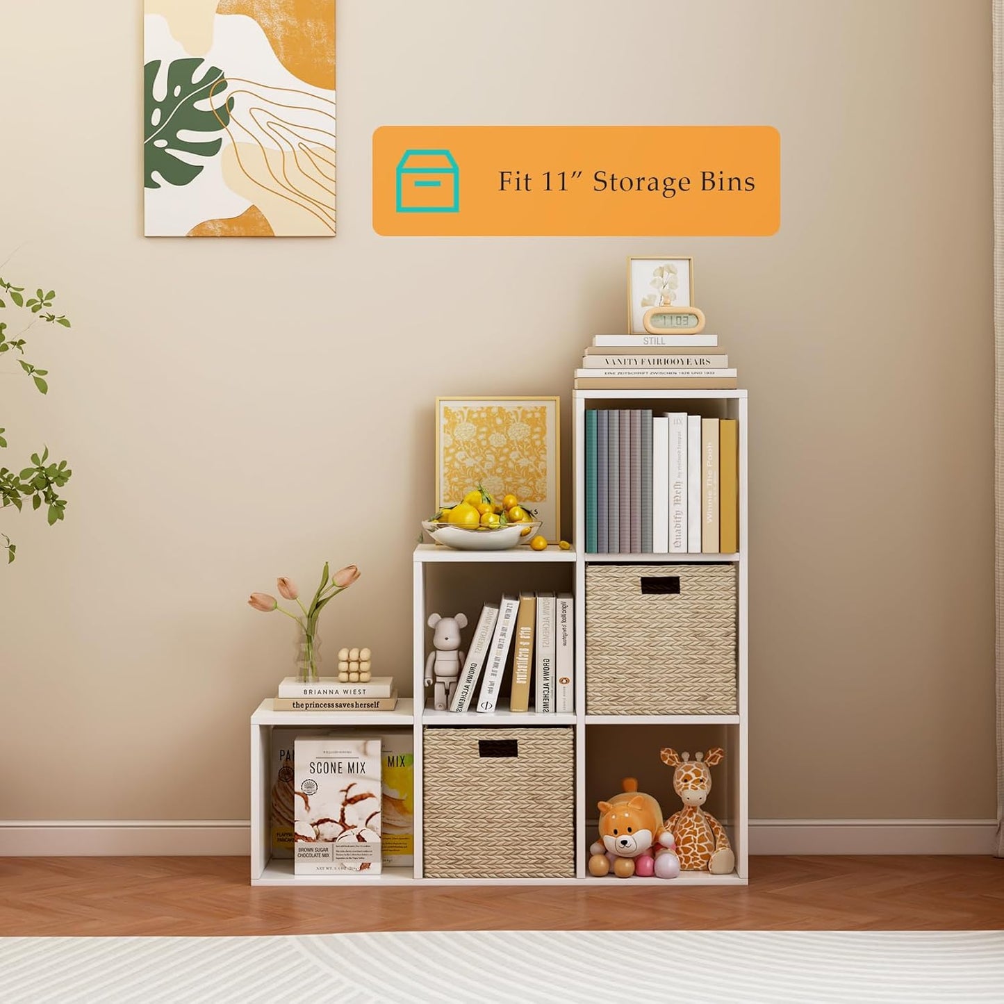 Ladder Cube Storage Bookcase - Wooden L-Shaped 3-Tier Corner Shelf, Reversible 6-Cube Organizer for Home & Office, White