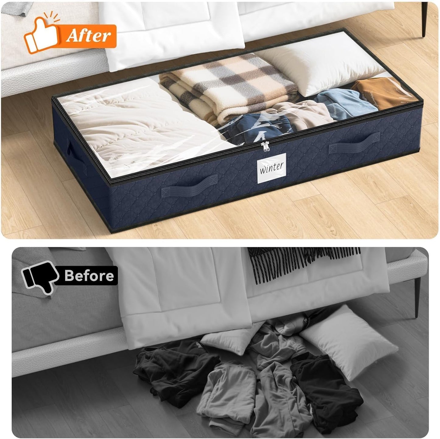 SpaceWhisper 90L Under Bed Storage Containers, 8-Pack Storage Bins with Clear Top, Foldable Closet Organizers and Storage with Label Holder for Clothing, Blankets, Comforter & Pillows(Blue)