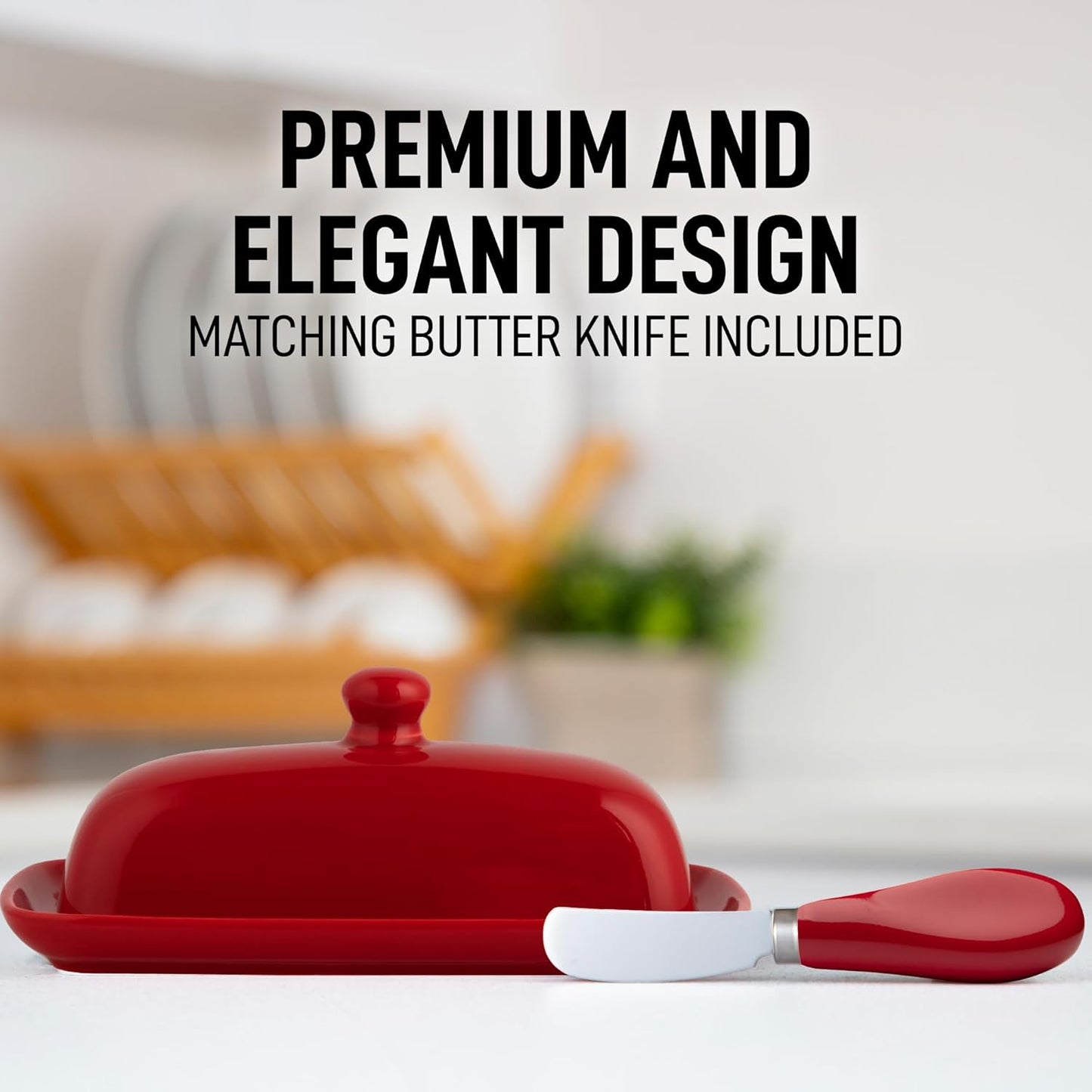 Zulay Kitchen Butter Dish With Lid For Countertop - Porcelain White, Ceramic Butter Dish with Knob Handle Great for Cooking - Elegant Design Butter Holder - Durable & Sturdy Butter Keeper - Red