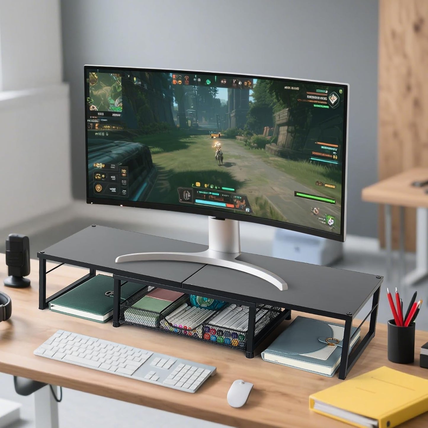 OPNICE Dual Monitor Stand Riser, Desk Organizer with Drawer, Office Desk Organizers and Accessories, Office Workspace Organization, Computer Monitor Stand for Laptop, Printer (Black)