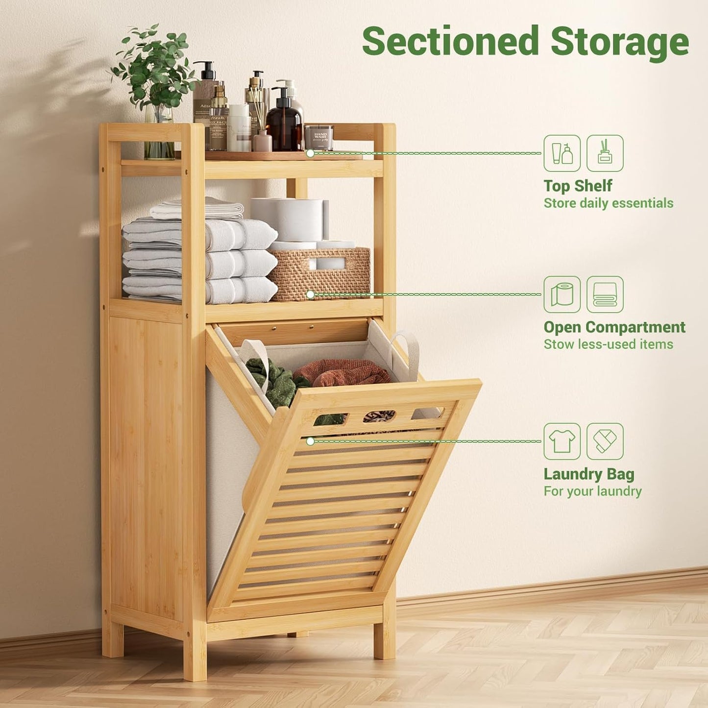 Homykic Tilt Out Laundry Hamper, 10 Gal Bamboo Laundry Storage Cabinet with Removable Basket, Hidden Hamper Organizer with Shelf for Dirty Clothes, Bathroom, Laundry Room, Space Saving, Natural