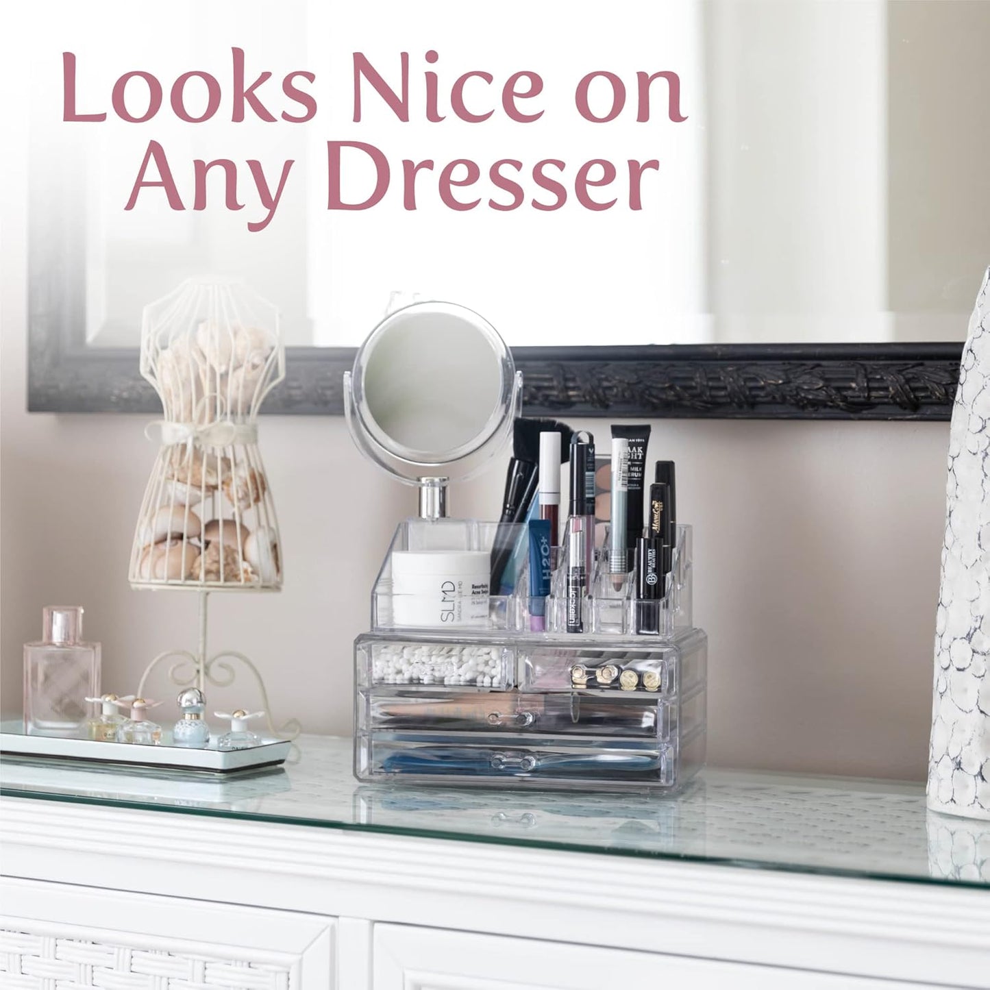 Masirs Clear Makeup Organizer with Mirror – 16-Compartment Cosmetic and Jewelry Holder, 4-Drawer Vanity Storage, Elegant Clear Design for Makeup and Accessories