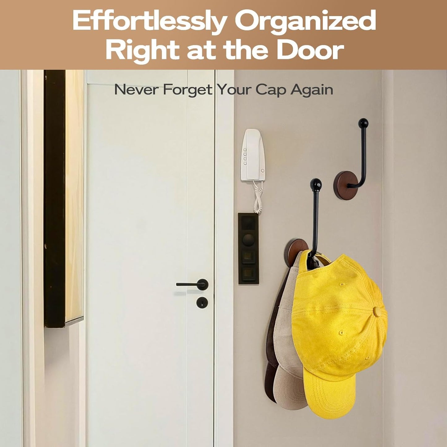 Adhesive Hat Holder Storage Organizer - Wall Mounted & Door Back Hat Rack with Wood Base & Metal Rod for Closet, Cabinet, Wardrobe (Black)