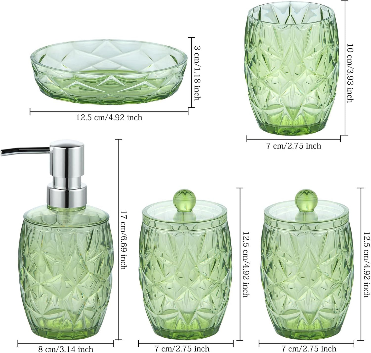 Modern Shatterproof Acrylic Olive Green Bathroom Accessories Set – 5-Piece Glass-Free Vanity Set with Soap Dispenser, Toothbrush/Makeup Brush Holder, 2 Cotton Jars with Lids, and Soap Dish