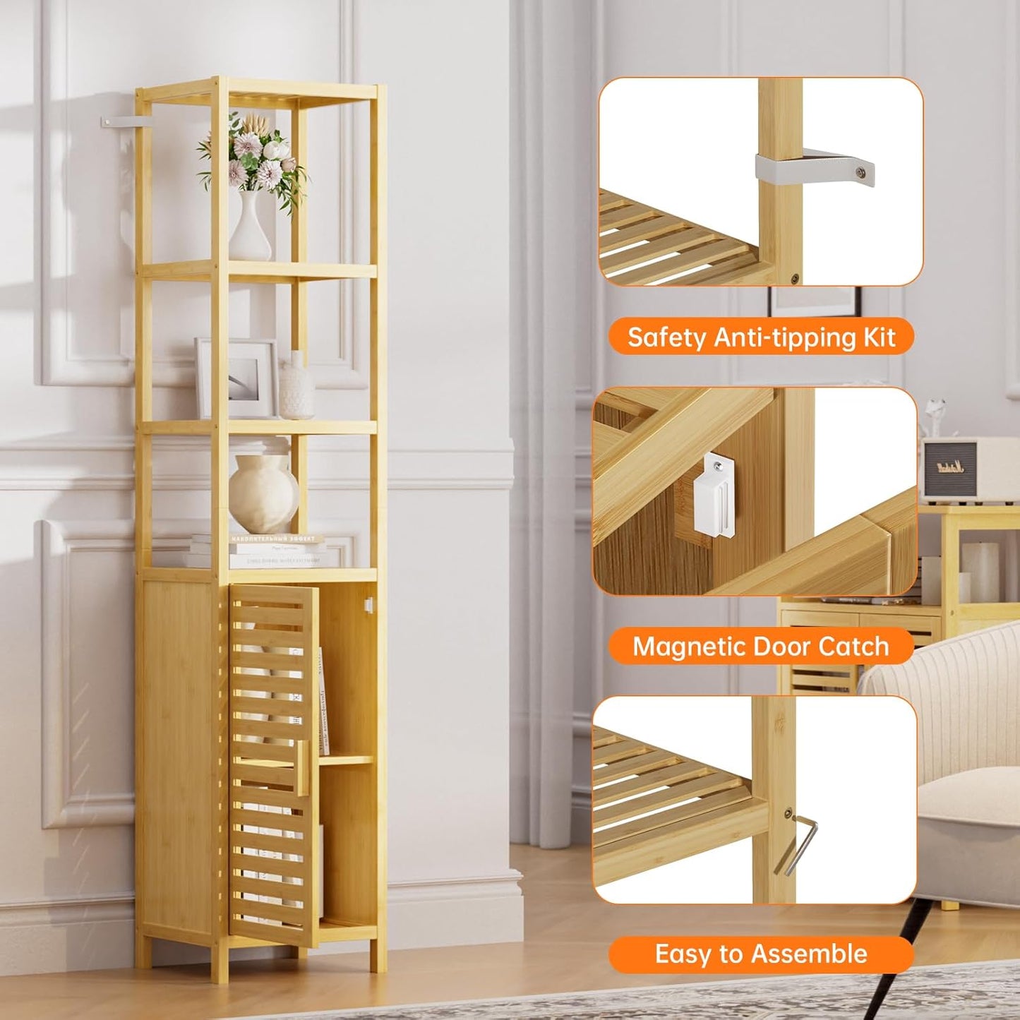 HITNET Bathroom Floor Cabinet, 6 Tier Tall Thin Linen Tower Storage Cabinet Free Standing Bamboo, Kitchen Side Organizer with 3 Shelves and Cupboard, Natural