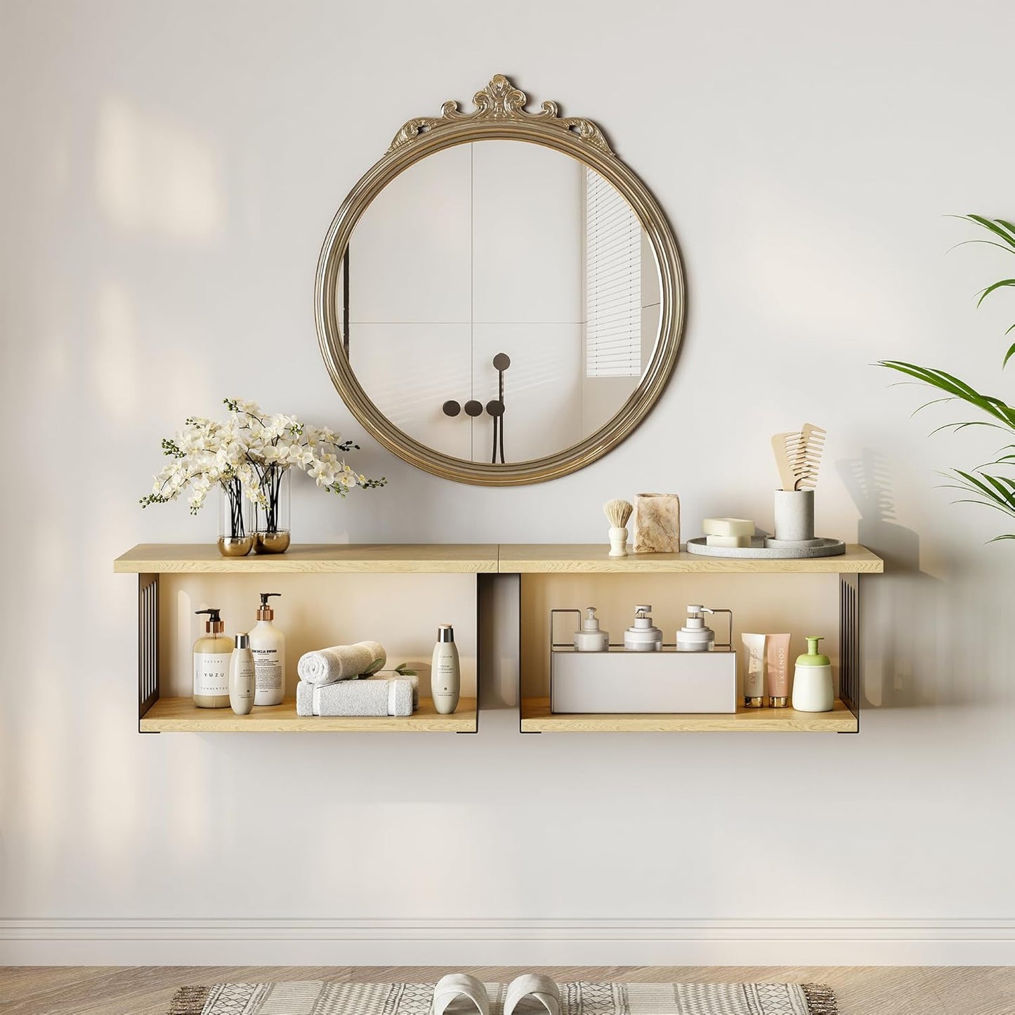 Floating Nightstand Set of 2, 2-Tier Floating Shelves Wall Mounted,Floating Bedside Table Wall Shelf,Display Wall Shelves for Bedroom,Living Room, Bathroom, Kitchen, Natural