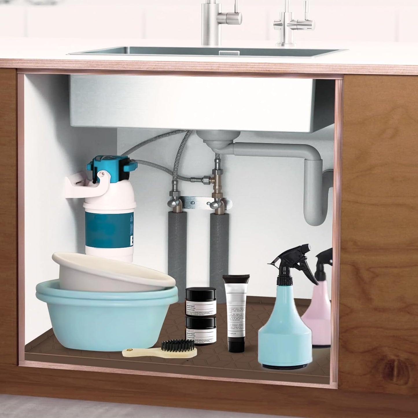 Under Sink Mat, 19"x22" Under Sink Mats for Kitchen, Silicone Waterproof Under Sink Liner, Sink Cabinet Organizer Tray with Drain Hole (Brown, 19X22)