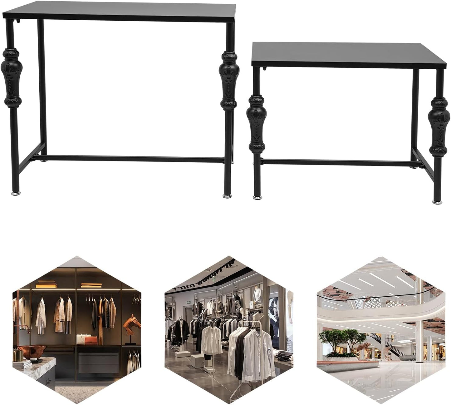 2Pcs Retail Display Tables, Shoe Handbag Display Stand Nesting Tables Set Heavy Duty Purse Display Risers for Home Boutique Retail Store (Black)