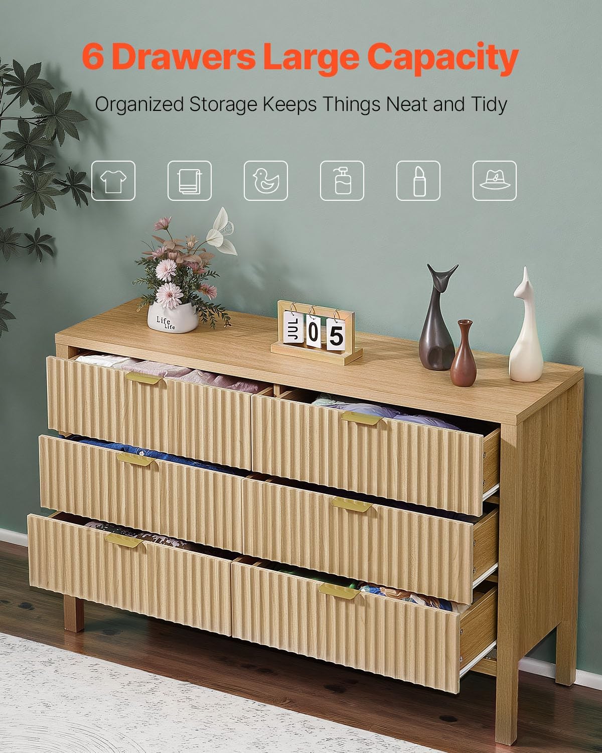 VEVOR Fluted Dresser with 6 Drawer, 47" Wide Chest of Drawers with Golden Metal Handle, Modern Closet Dresser TV Stand, Boho Wood Storage Organizer for Bedroom, Living Room, Hallway, Entryway, Natural