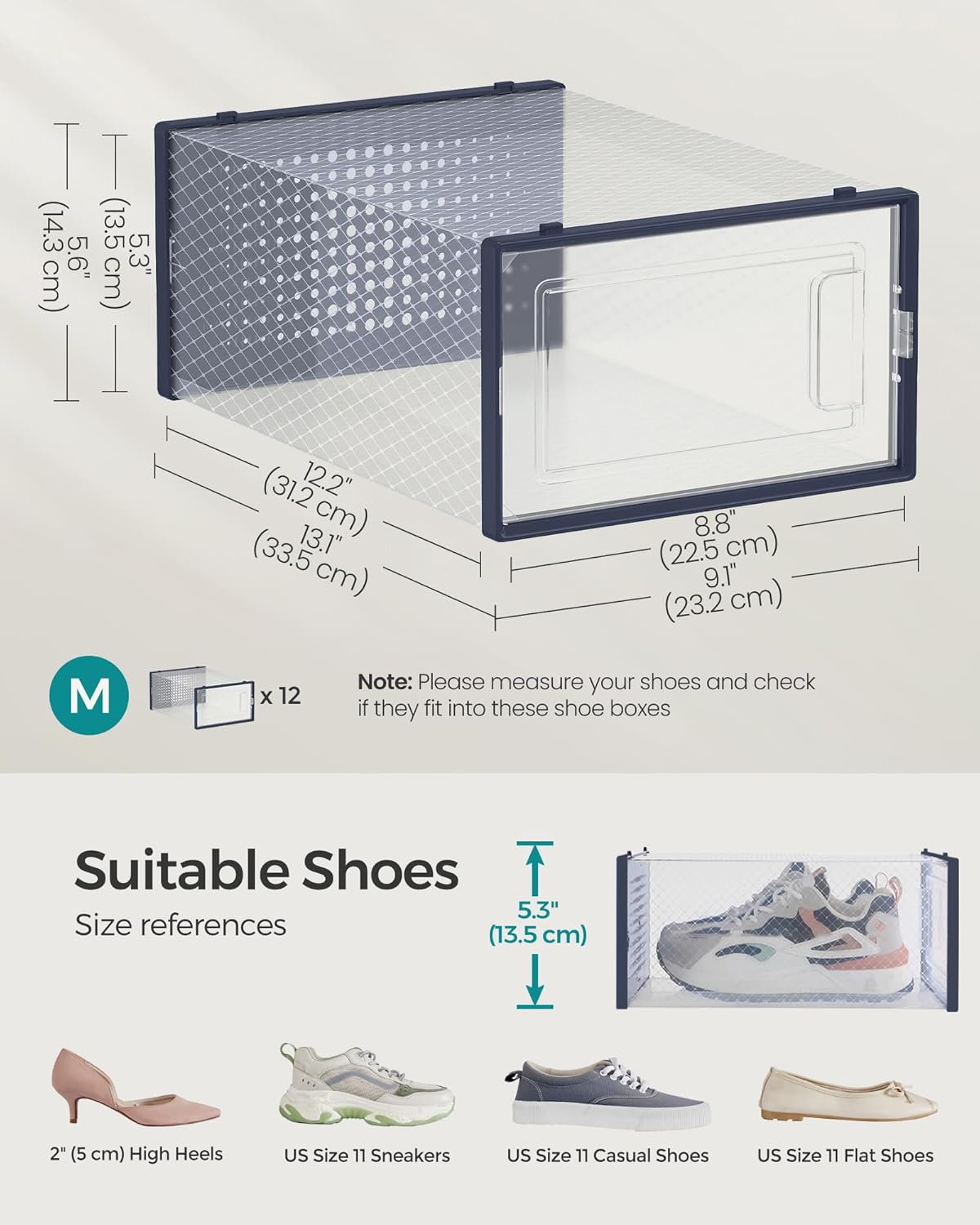 SONGMICS Shoe Boxes, Pack of 12 Shoe Storage Organizers, Stackable Clear Plastic Boxes for Closet, Sneakers, 13.1 x 9.1 x 5.6 Inches, Transparent and Charcoal Blue ULSP12SB30