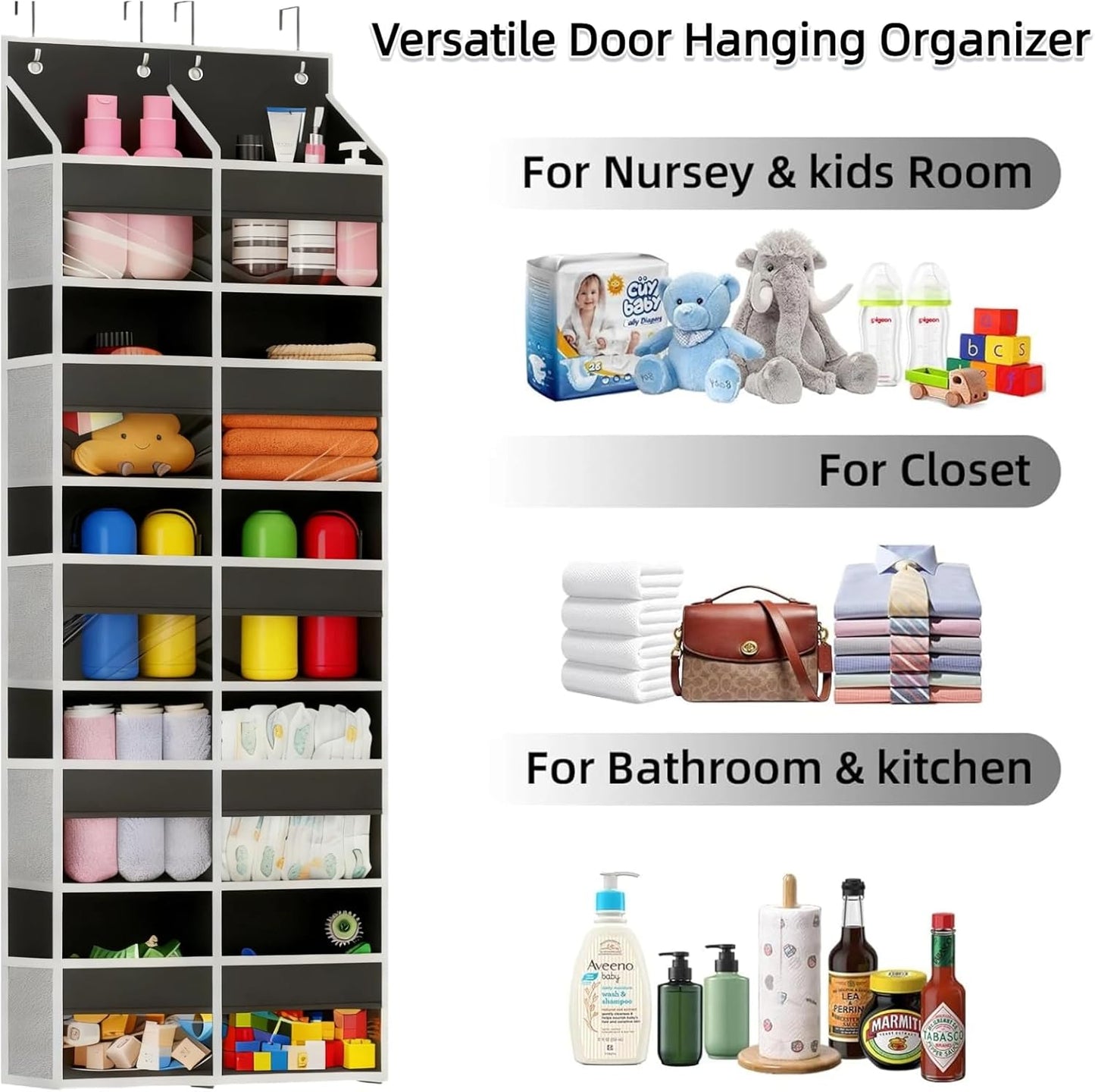 5-Tier Heavy Duty Over the Door Organizer with 10 Compartments - 600D Oxford Cloth Large Behind Door Storage for Closet, Nursery, Bedroom, Pantry, Diaper & Toy Organizer (black)