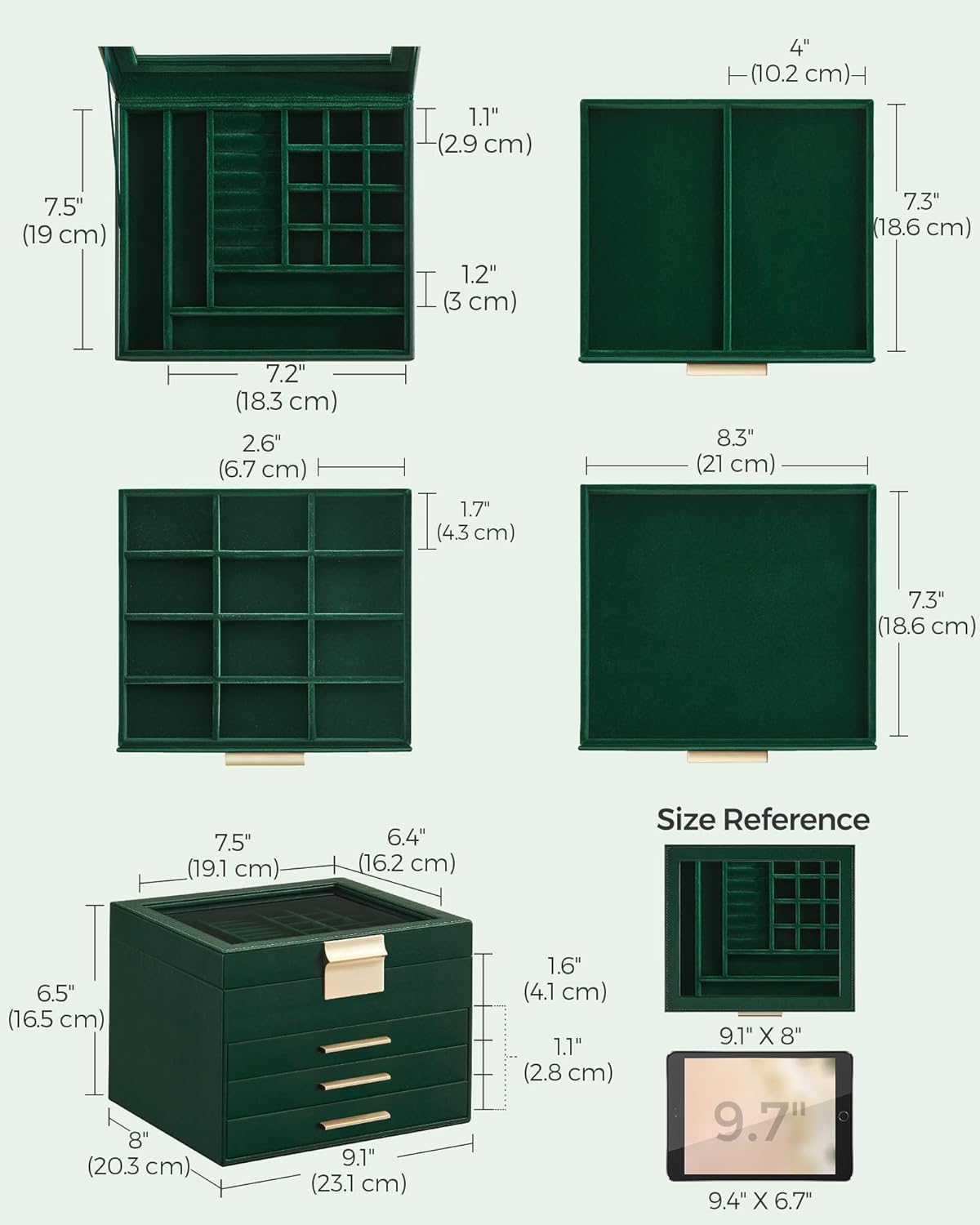 SONGMICS Jewelry Box Organizer with Glass Lid, 4-Layer Jewelry Storage, with 3 Drawers, Modern Style, Christmas Gift, 8 x 9.1 x 6.5 Inches, Forest Green and Gold Color UJBC173C01