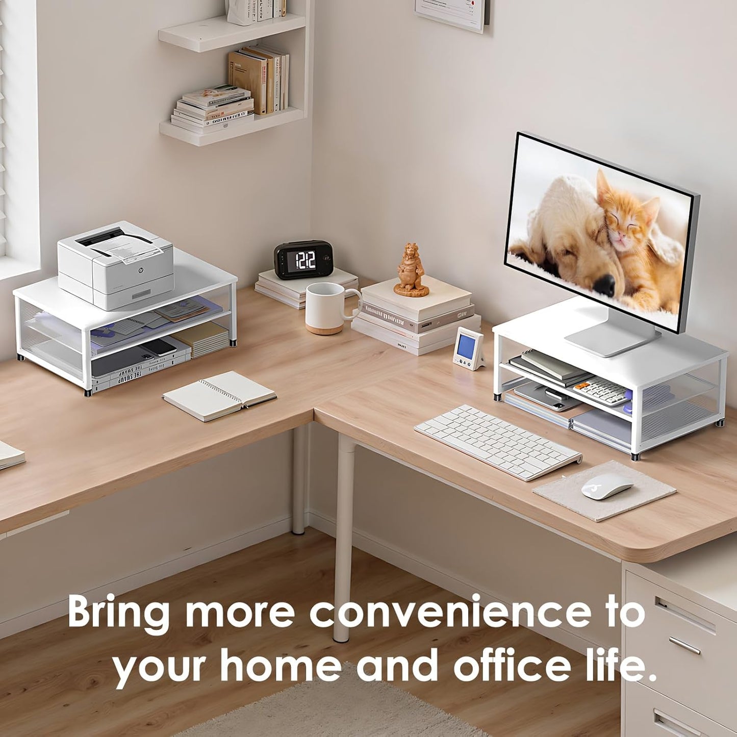 Desk Organizers and Accessories, 2-Tier Metal Computer Monitor Stand Riser, Desk Organizer for Monitor, Printer & Laptop Stand, Desktop Workspace Organizers for Office Supplies(White)