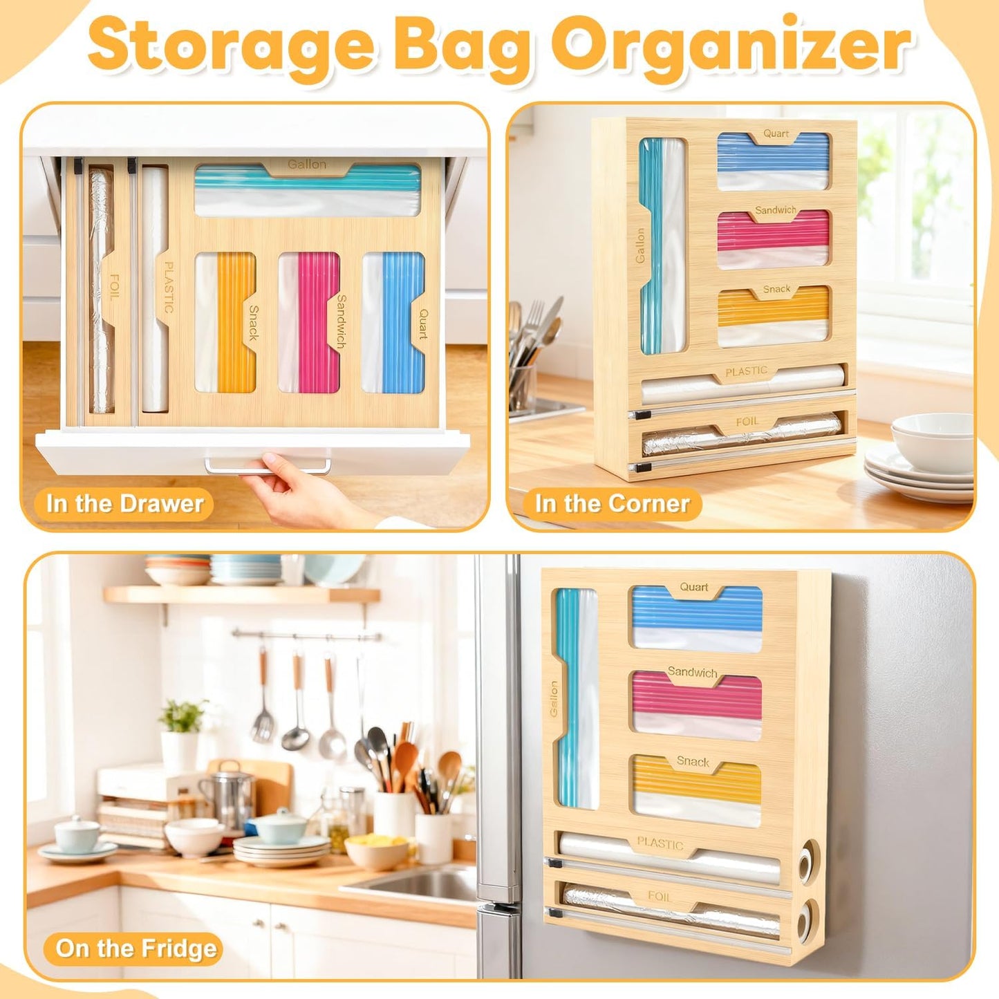 Magnetic Storage Bag Organizer 6 In 1 Ziplock Bag Organizer for Fridge and Drawer, Foil and Plastic Wrap Organizers with Cutter, Food Storage Bags Organizers for Gallon Quart Sandwich Snack