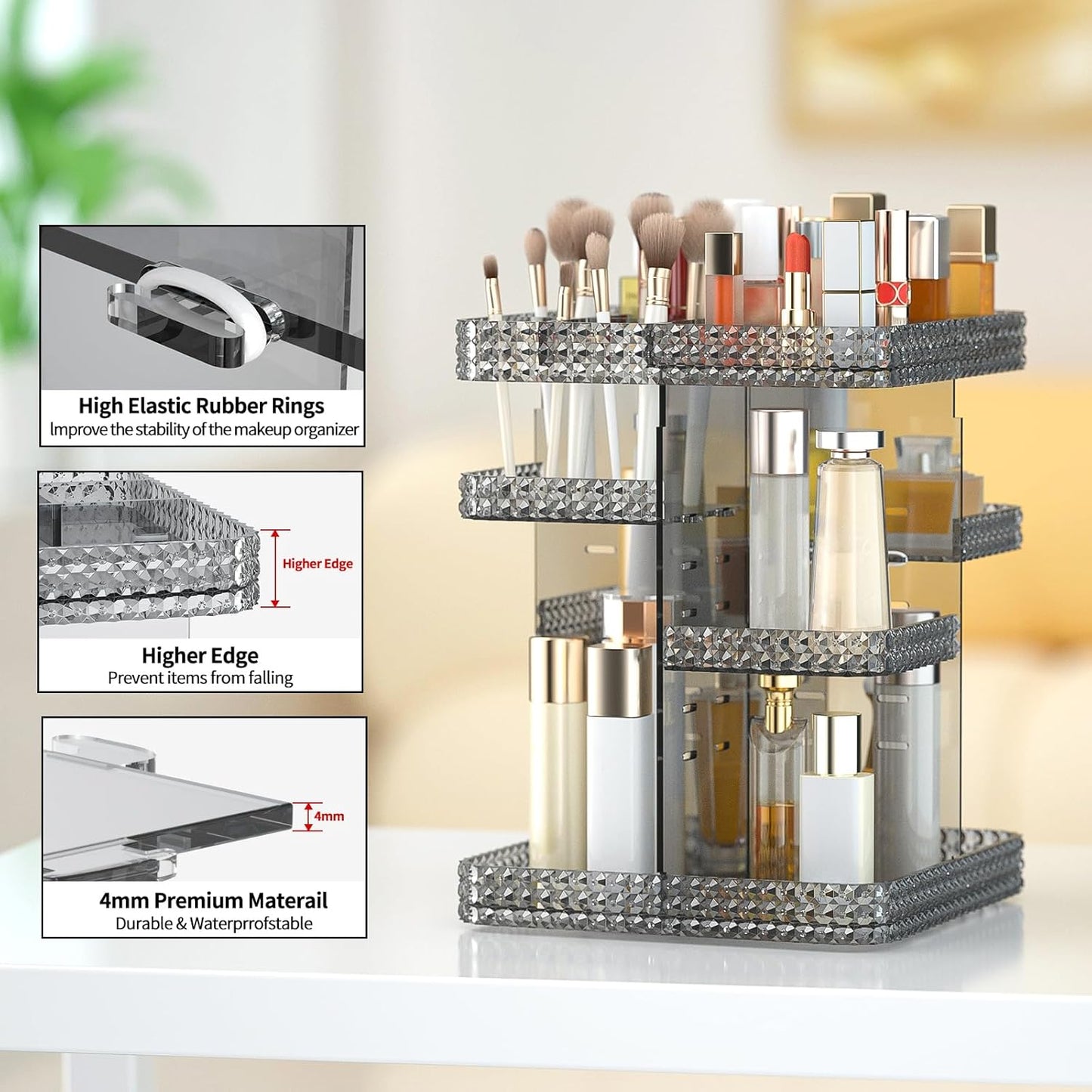 Rotating Makeup Organizer, Large Capacity Cosmetic Display Case, Acrylic Skincare Organizer with Makeup Brush, Makeup Storage Organizer for Dresser Countertop and Bathroom Vanity - Grey