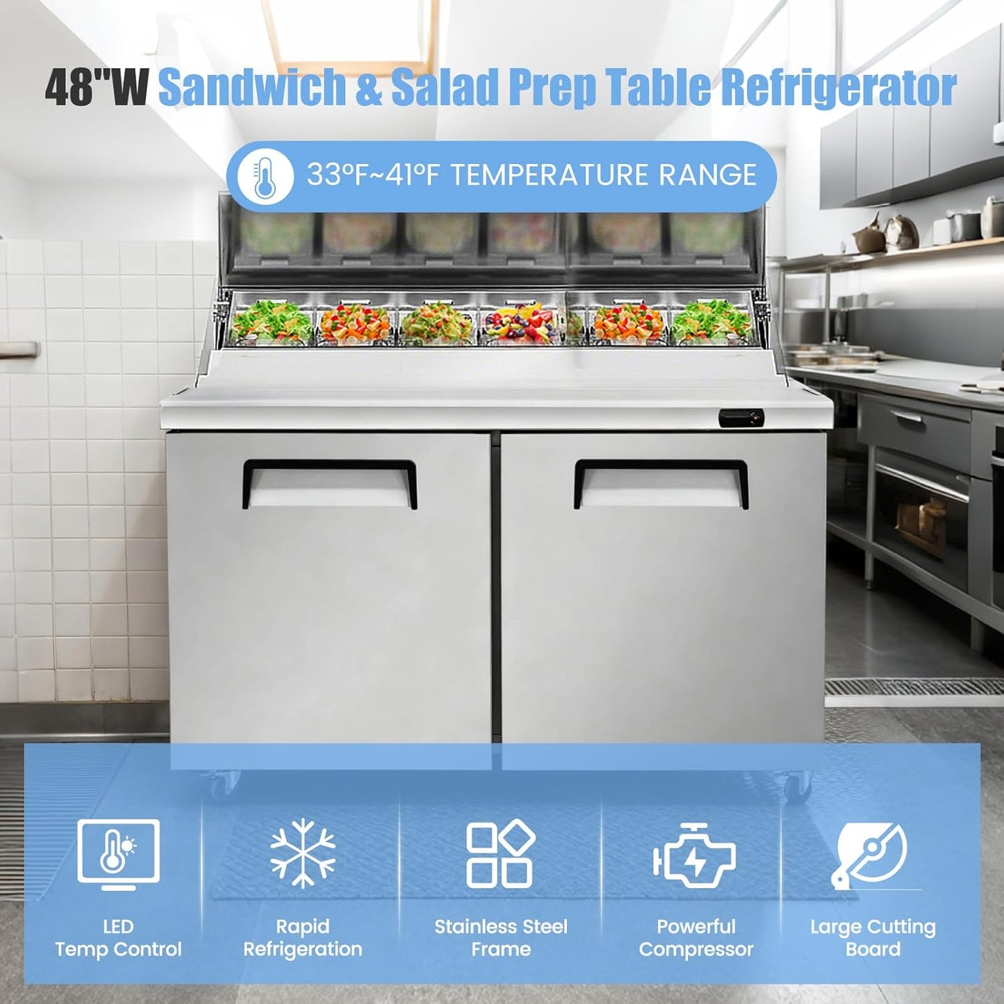 48" W Commercial Refrigerator Sandwich Salad Prep Table, Stainless Steel 2-Door Sandwich Prep Table Refrigerator, Counter Fan Cooling Refrigerator with 12 Pans for Restaurant, Bar
