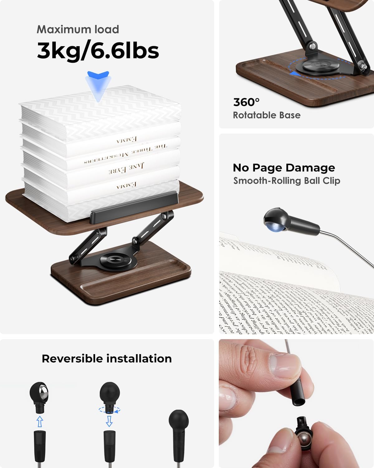 Viozon Book Stand for Reading, Book Holder 360° Rotating Base with Pen Slot, Foldable Reading Display Stand with Elastic Page Clips for Cookbook, Recipe, Textbook, Tablet, Laptop.