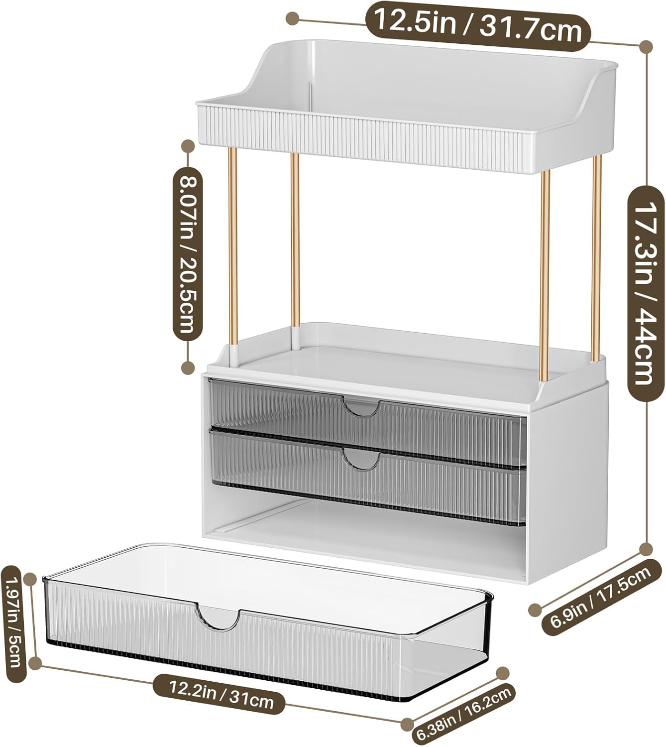 Bathroom Organizers and Storage - 3 Drawers 2 Tier Makeup Organizer, Cosmetic Storage Drawer for Dresser Countertop and Bathroom Vanity for Large Skincare, Perfume, Grey