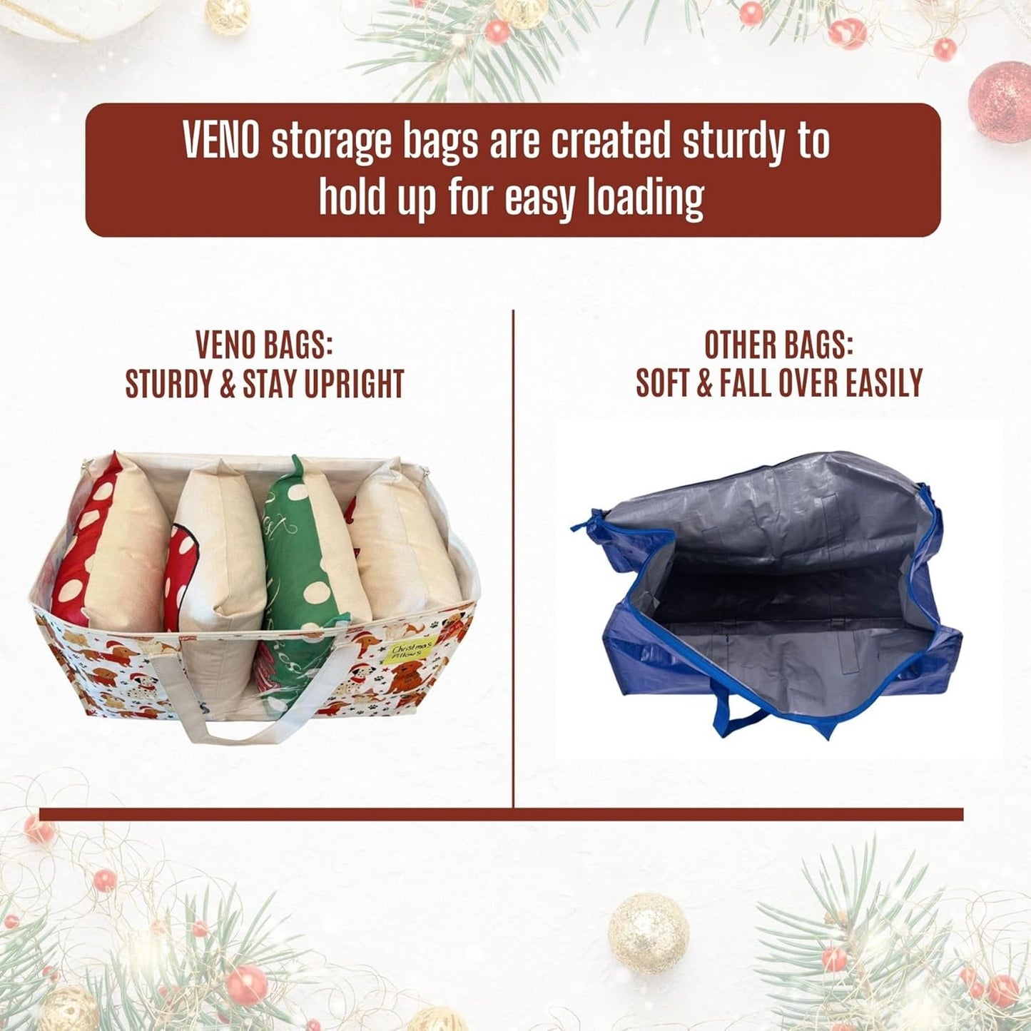 VENO 6 Pack Moving Bags, Large Christmas Storage Bins with lids, Packing Supplies for College, Alternative to Moving Boxes, Foldable, Heavy-Duty Tote, Christmas Pattern (Holiday Pups, 6 Pack)