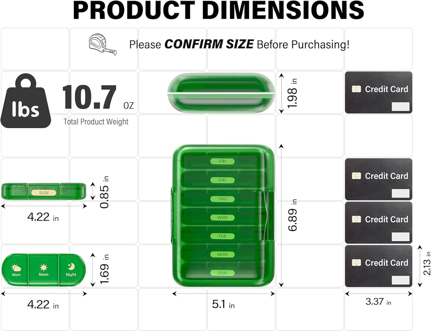 Weekly Pill Organizer 3X a Day, 7 Day Pill Box 3 Times, Portable for Travel Pill Case for Pills/Vitamin/Fish Oil/Medication/Supplements (3x7 Green)