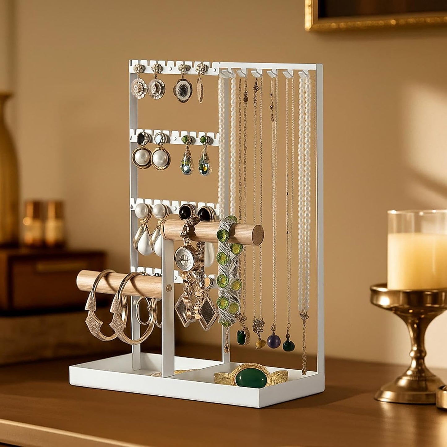 Elegant Jewelry Display Stand with Tray, Multi-Tier Organizer for Necklaces & Earrings, Sturdy Metal Frame for Vanity Tabletop Decor