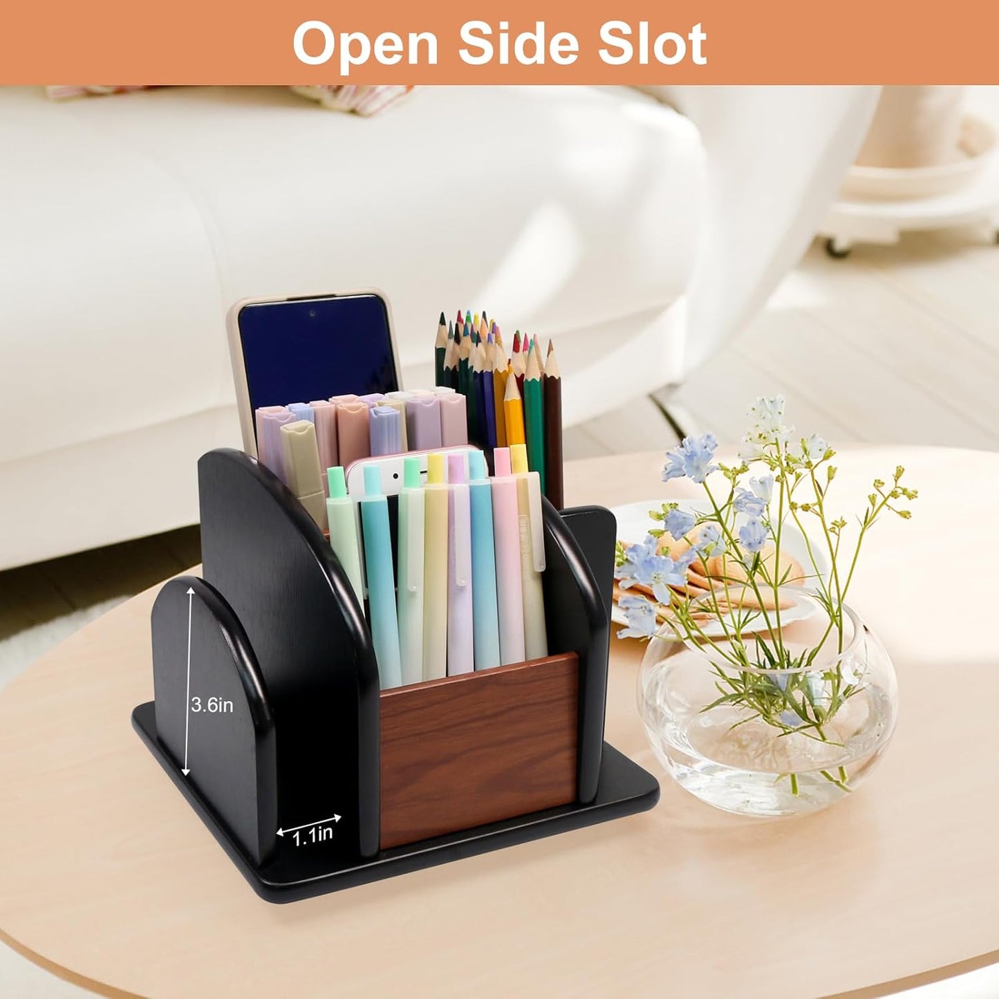 Coideal Remote Control Holder Caddy - Wooden Rotating Coffee Table Organizer Large Spinning Wood Remote Holder for Living Room Office (6 Compartments, Brown & Black)