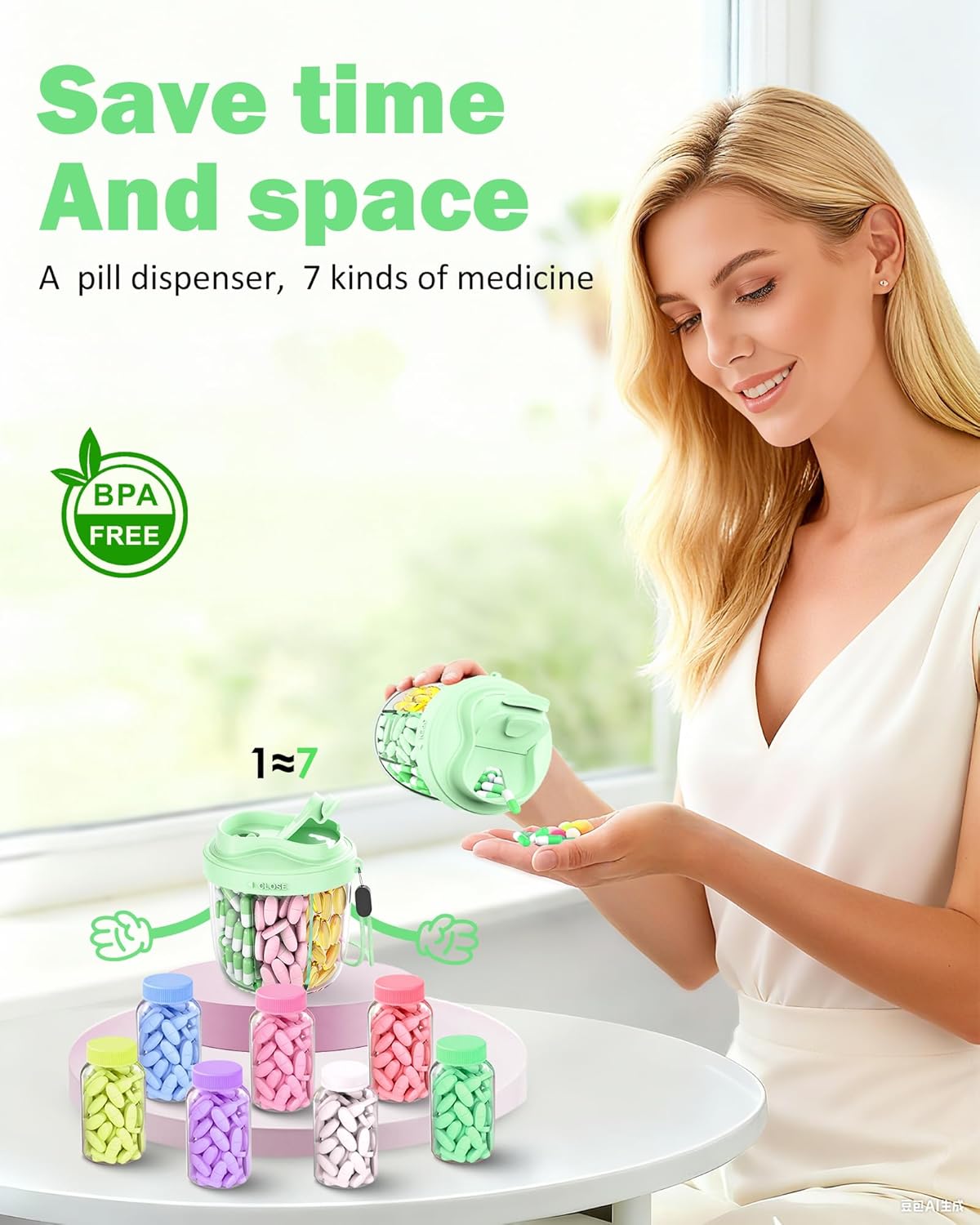 Cute Pill Organizer,Pill Dispenser with 7 Large Compartments,Portable Pill Bottle Box with Wide Opening for Easy Use, Anti-Mix Pills Organizer for Travel,Includes 20 Pcs Sticky Labels(Green)