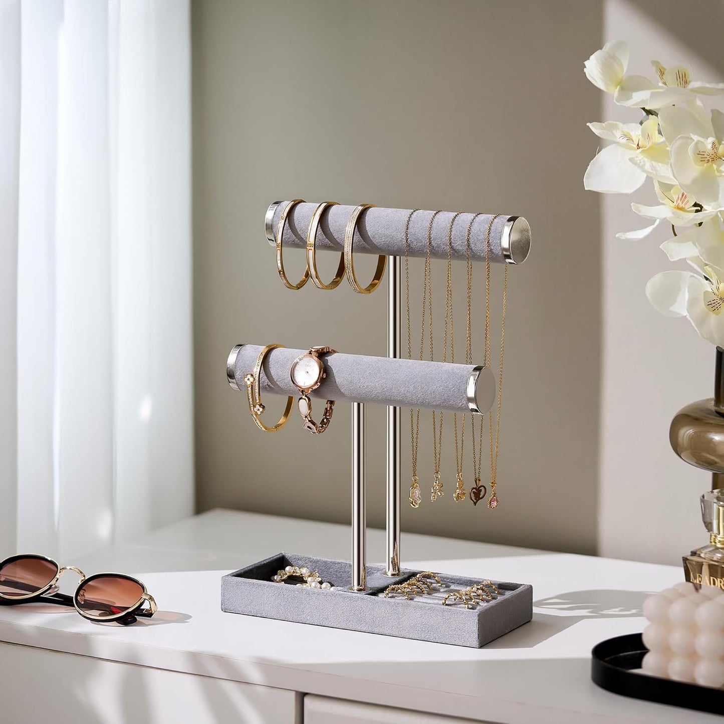 2 Tier Bracelet Holder Display - Detachable T Bar Grey Velvet Bracelet Holder, Jewelry Holder Organizer for Bracelet, Necklace, Earrings, Rings