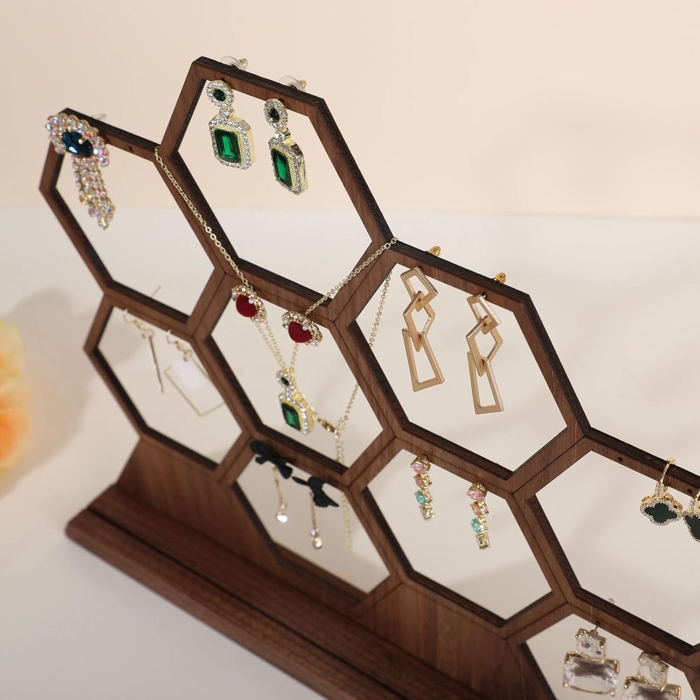 GemeShou hexagonal jewelry earring display stands for selling, wooden necklace jewelry organizer hanging, walnut earring hanger dangle holder for show, home decor【Jewelry shelf-Hexagon】