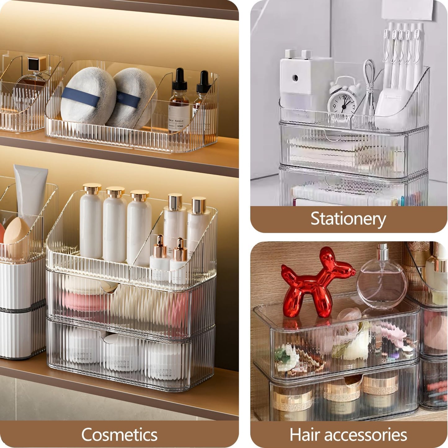 Medicine Cabinet Organizer 2 Tier, Stackable Bathroom Mirror Cabinet Storage,Small Makeup Organizers with 1 Drawer and 1 Tray for Wall Cabinet, Closet, Vanity, Countertop, Clear