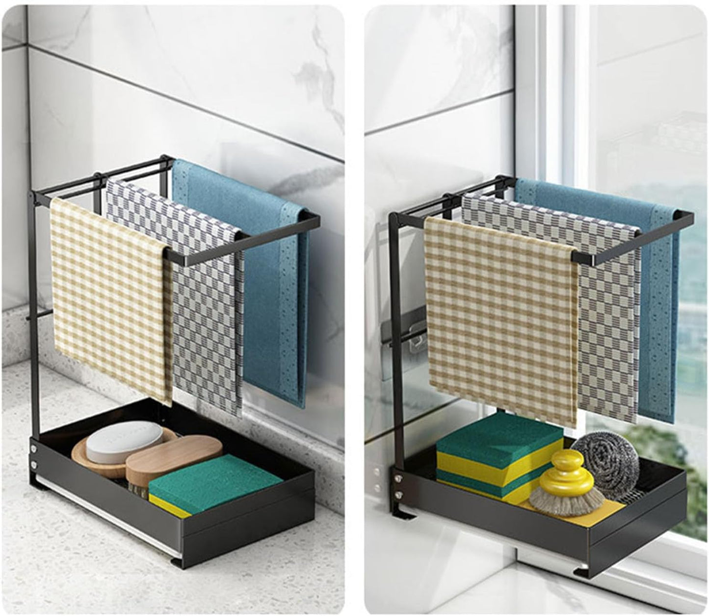 Collapsible Sink Holder Kitchen Tool Organizer Drain Tray with Cleaning Supplies Holder Storage Rack for Brushes and Detergent