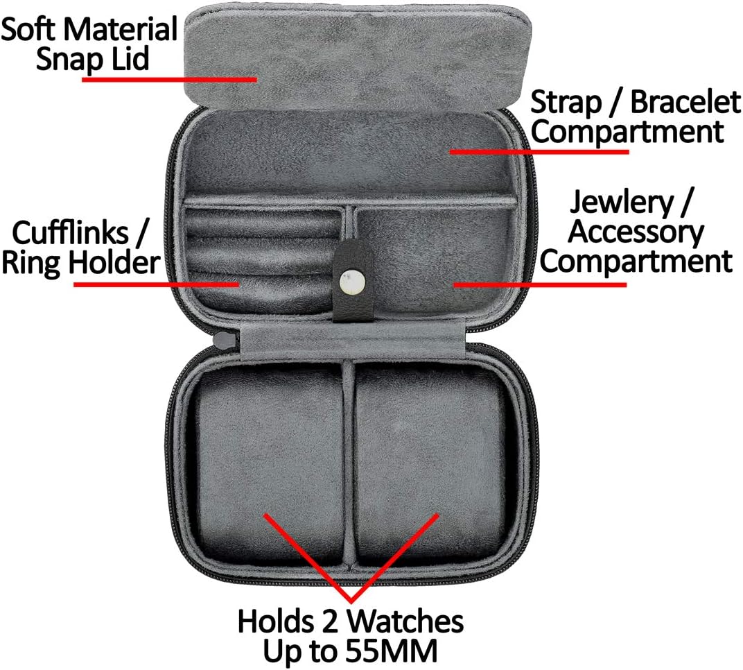 ROTHWELL Gift Set 6 Slot Leather Watch Box and 2 Watch Travel Case - Luxury Case Organizer, Microsuede Liner, Locking Mens Jewelry Watches Holder, Storage Boxes Glass Top (Black/Grey Gift Set)
