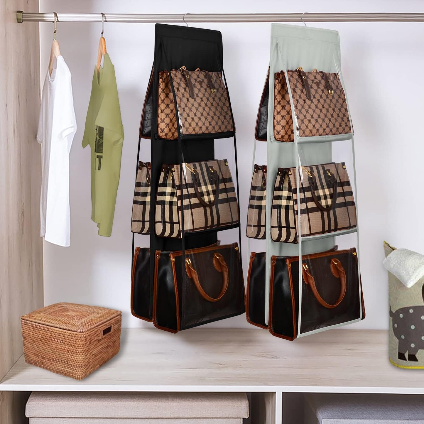 Lirex Medium and Large Handbag Hanging Purse Organizer for Closet, Handbag Storage Organizer Hanger Oxford Cloth Closet Organizer for Family Closet Bedroom, Foldable and Universal Fit, Black