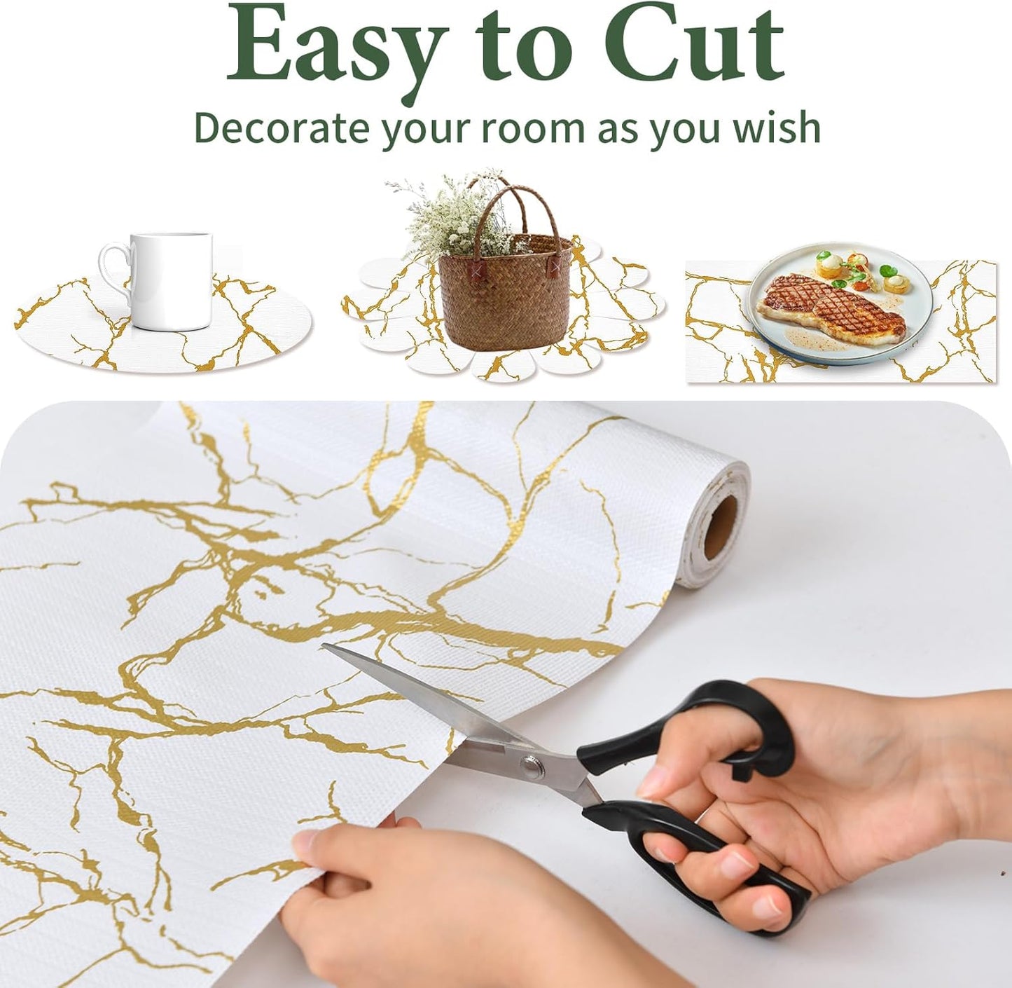 Drawer and Shelf Liner for Kitchen Cabinet Non Slip Waterproof Shelf Paper 17.5 in X 20 Ft Non Adhesive Refrigerator Liners Gold White Marble Easy Liners for Bathroom Cupboard