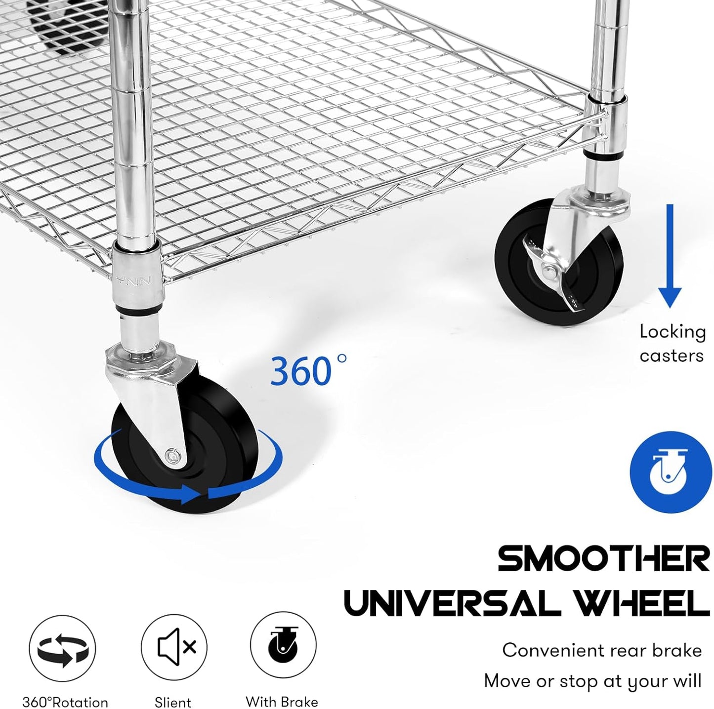 YNN Chrome Utility Rolling Cart,990Lbs 3 Tier Heavy Duty Metal Cart with Wheels & Handle NSF Wheeled Cart 31" D x 18" W x 33" H for Bedroom, Bathroom, Kitchen,Garden,Decor,Serving