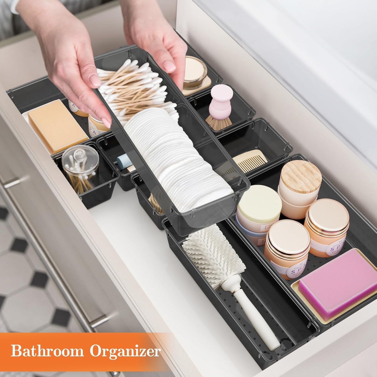 25 PCS Plastic Drawer Organizer Set, 4-Size Versatile Organizer Trays & storage Bins for Makeup, Jewelry, and Gadgets in Bathroom, Bedroom and Office,Clear Black
