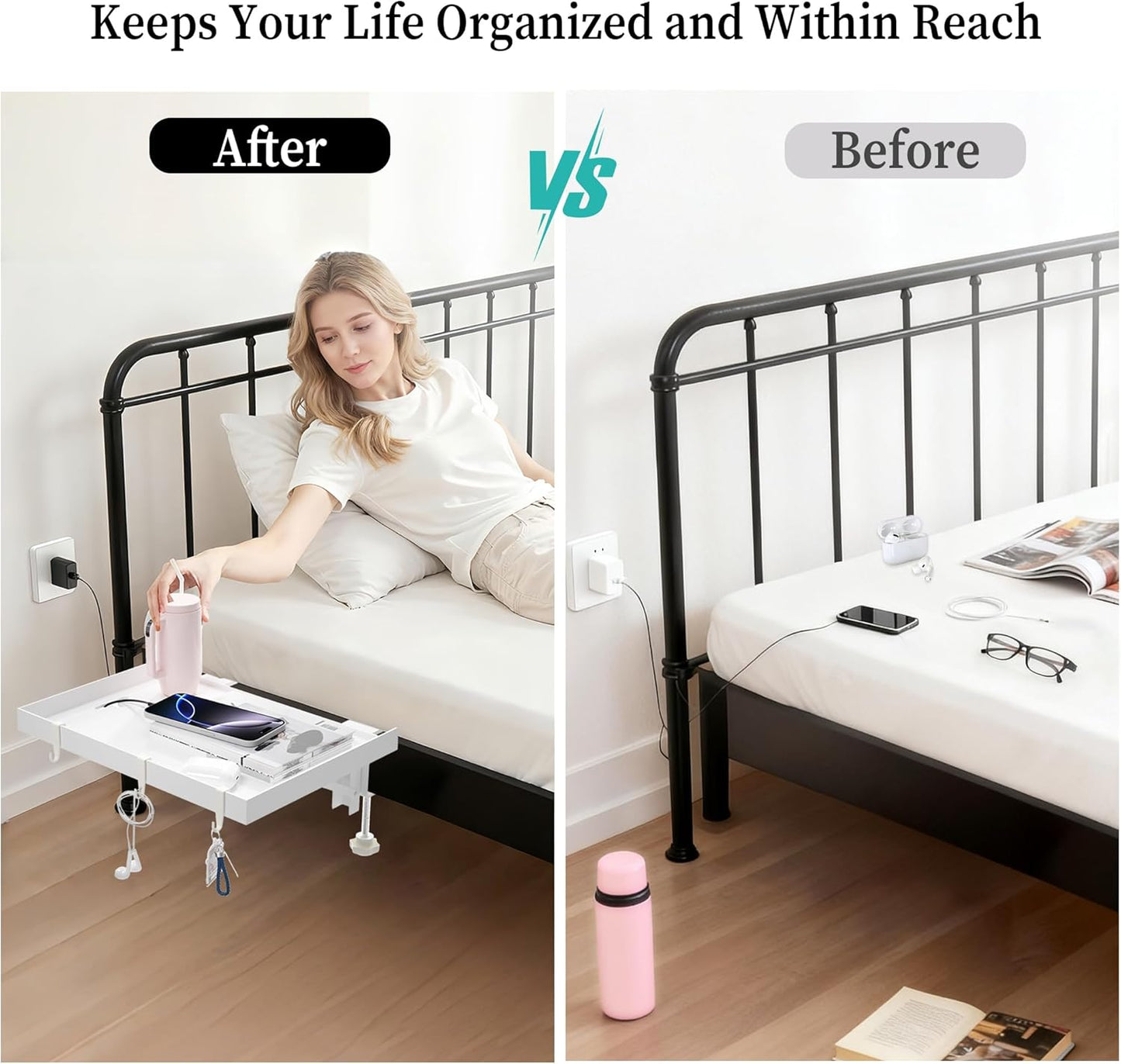 Foldable Bedside Shelf, Metal Clip-On Bed Tray Table for Bunk Bed & Dorm Beds, Dorm Room Essentials Organizer for College Students, Floating Tray, Space Saving Nightstand for Loft Beds (White, Small)