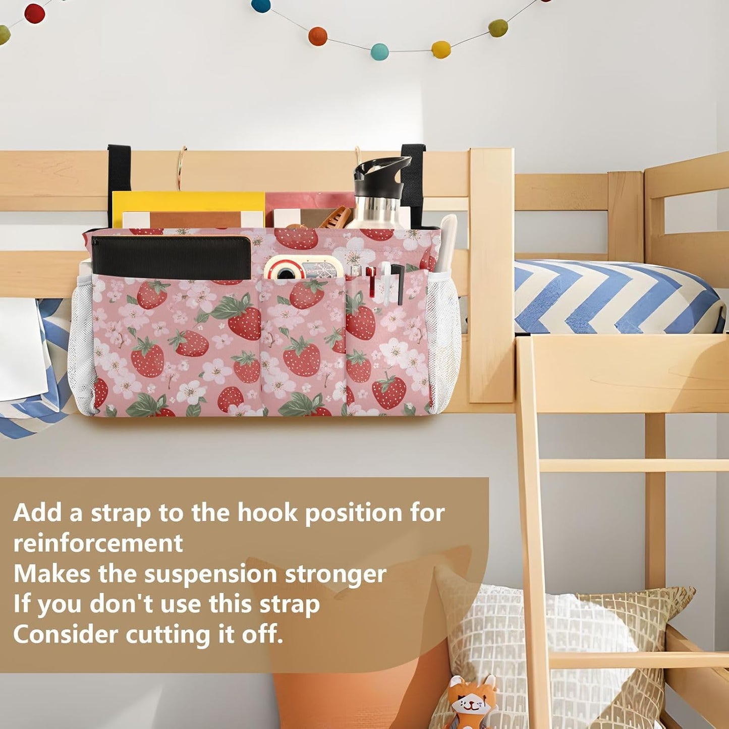Pink Blossoms and Strawberries Bedside Caddy for Dorm Bed Bedside Hanging Caddy Bag Iron Frame Storage Organizer Pocket for Bunk Home College Hospital Beds 2 Hooks