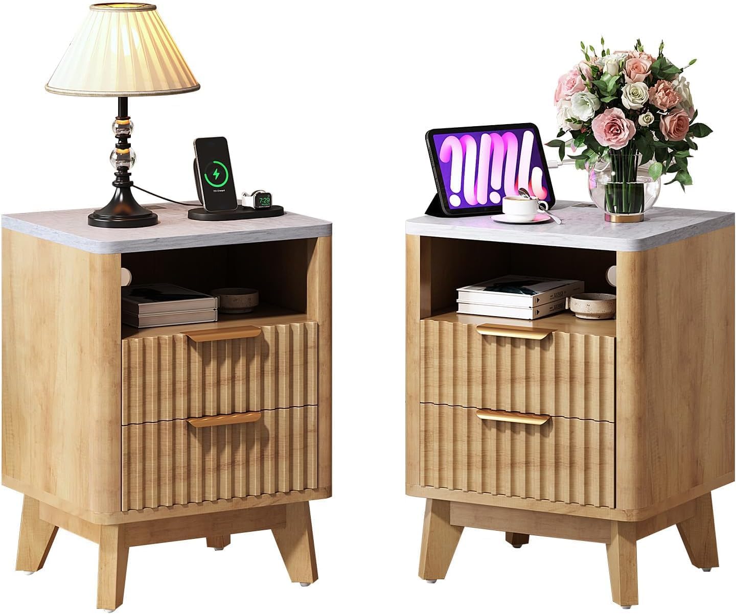 AMERLIFE Fluted Nightstand Set of 2 with Charging Station and Faux Marble, Natural Oak