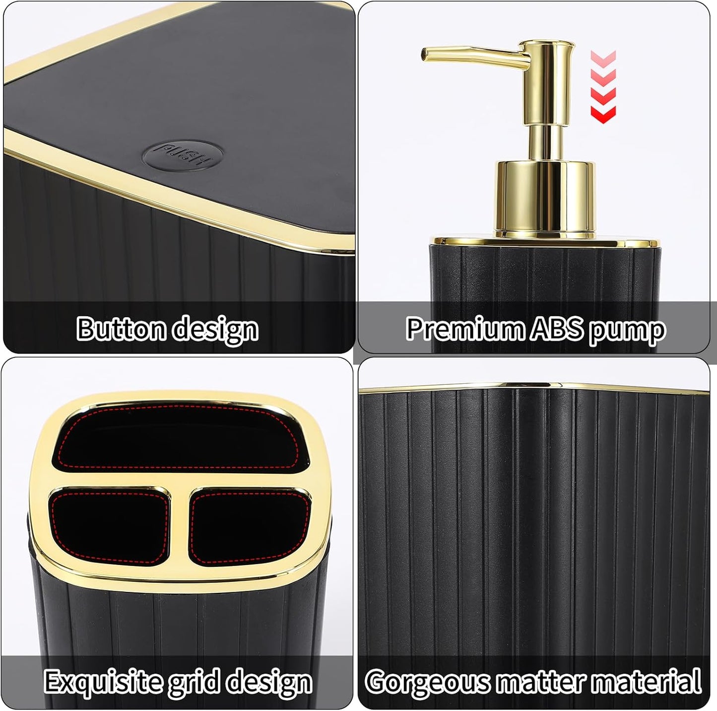 Bathroom Accessories Set - Gorgeous Black Bathroom Set, 10PC Bathroom Accessory Set, Toilet Brush, Trash Can, Qtip Holder Dispenser & Soap Dispenser