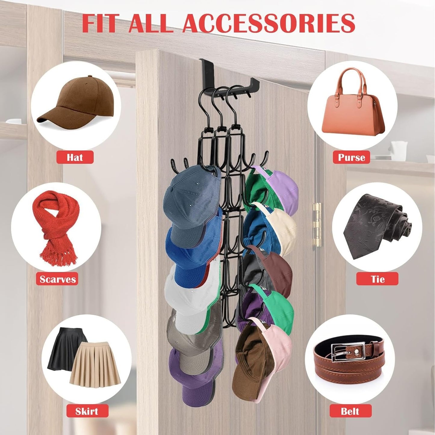 Hat Rack for Door, Collapsible Over The Door Hat Organizer with 10 Large Hooks, Holds 40 Baseball Caps, Rotatable Metal Space Saving Caps Hanger for Display and Storage, Black