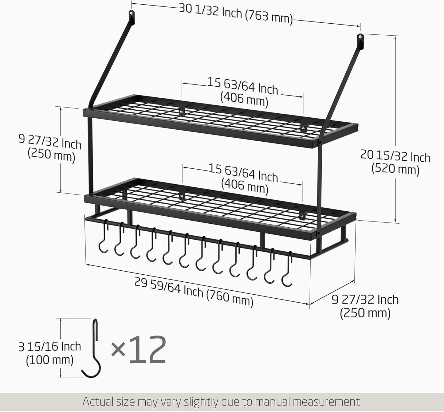 KES 30-Inch Kitchen Pot Rack - Mounted Hanging Rack for Kitchen Storage and Organization - Matte Black 2-Tier Wall Shelf with Guard Rail for Pots and Pans Organizer with 12 Hooks - KUR215S75B-BK