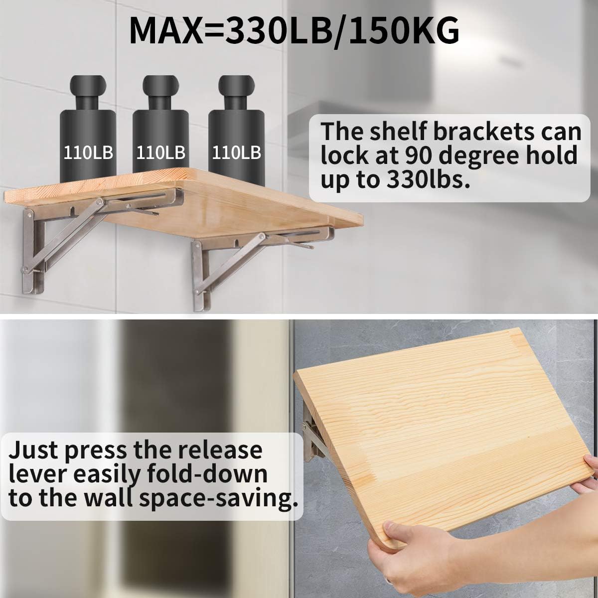 YUMORE Folding Shelf Bracket 18",Heavy Duty Stainless Steel Collapsible Shelf-Bracket Max Load 330lbs Wall Mounted Table Support Hinge for Space-Saving DIY Work Bench with Install Screws, Pack of 2