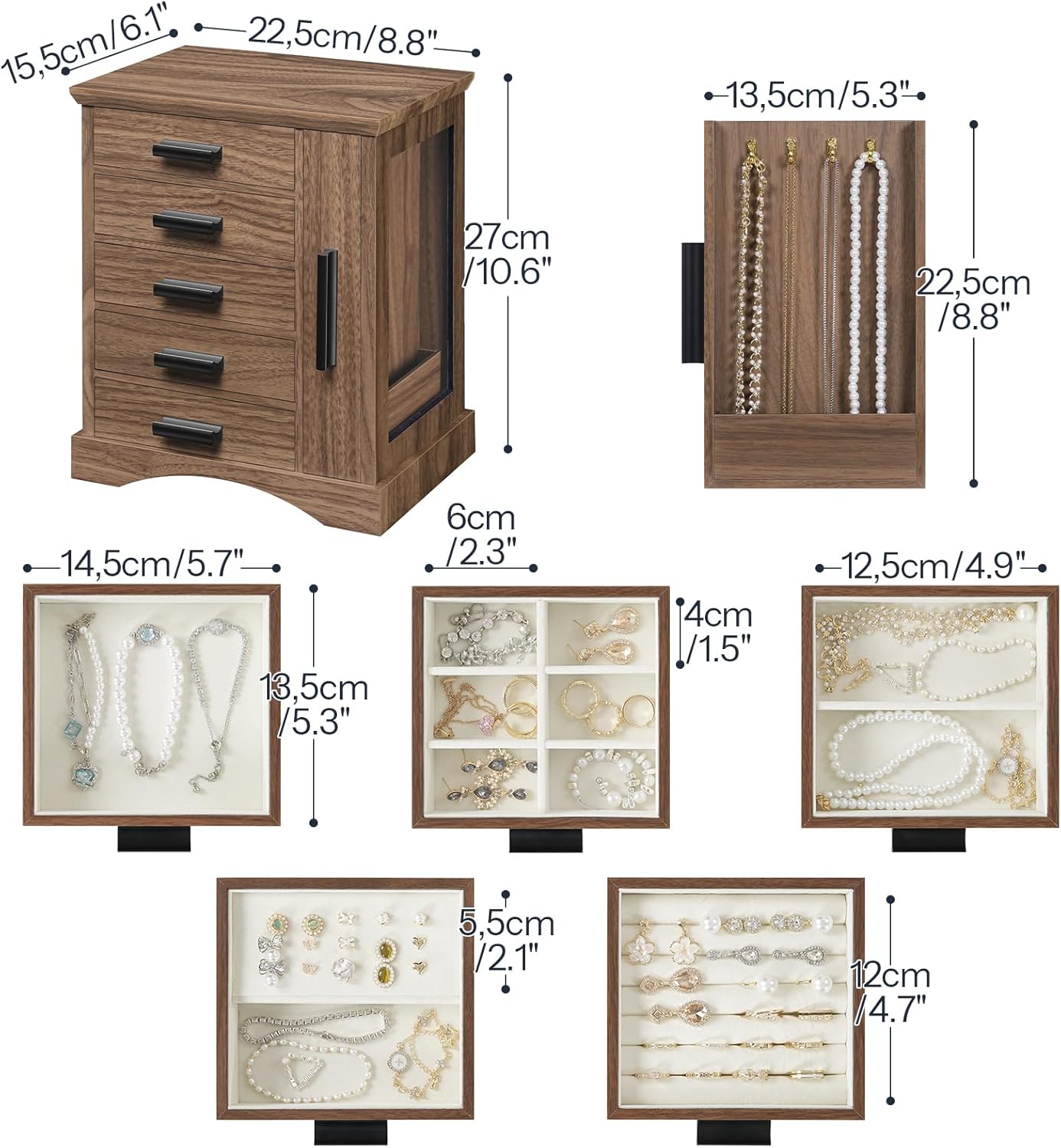 HOOBRO Jewelry Box for Women, Jewelry Organizer with Arc-Shaped Bottom, Wooden Jewelry Box, Side Transparent Window, Vertical Storage, for Earring, Necklace, Bracelet, Ring, Walnut and Black BH13JB04